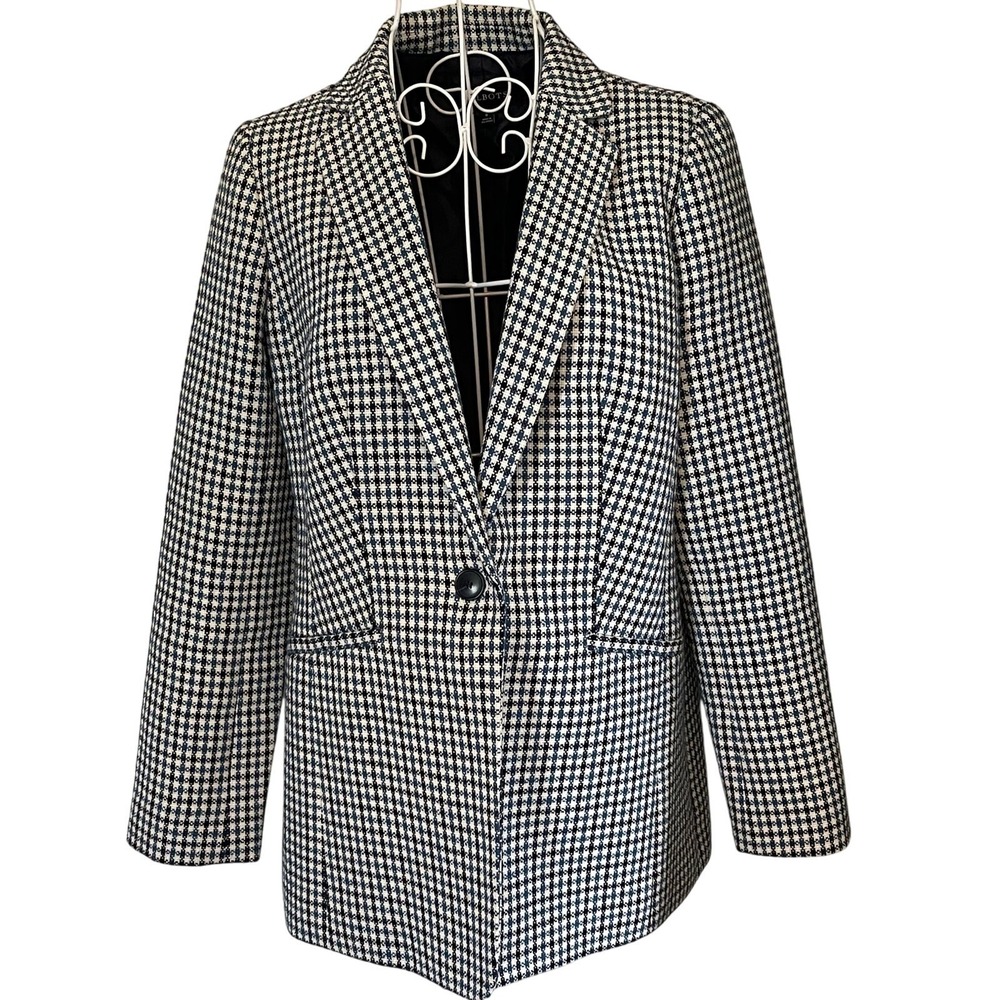 Talbots Blazer Jacket Houndstooth Blue Navy Cream Business Casual Classic Prep 6